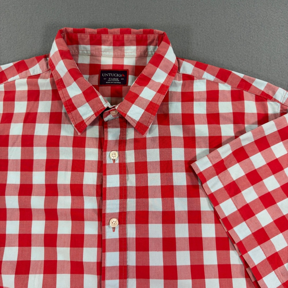 UNTUCKit Mens XL Red White Gingham Check Short Sleeve Cotton Button‎ Down Shirt